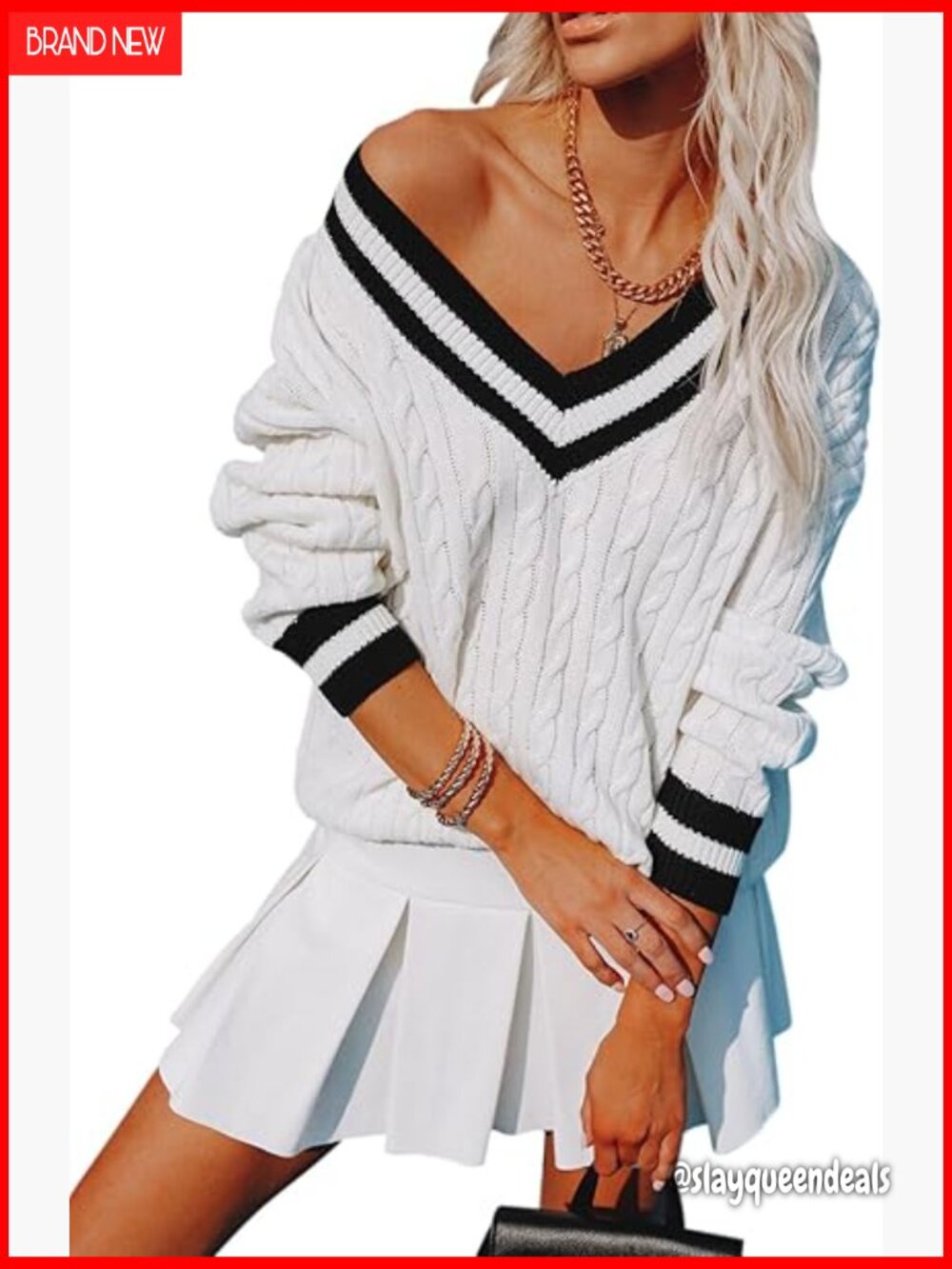 V Neck Oversized Cable Knit Pullover Sweater